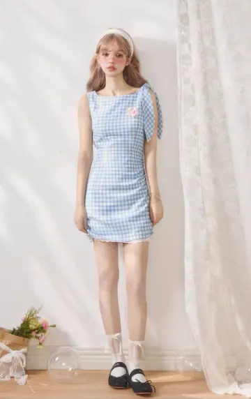 Blue and White Checkerboard Pleated Fitted Dress R5247