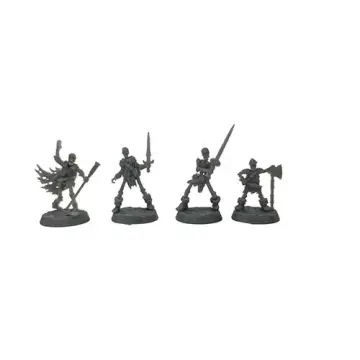 A front-view photograph of four unique, unpainted grey resin skeleton hero miniatures against a white background. From left to right, the varied figures include a spellcaster with a tattered cape and staff, a warrior drawing a sword, a warrior wielding a large two-handed sword, and a shorter, armored skeleton holding an axe. They stand on circular, cobblestone-textured bases.