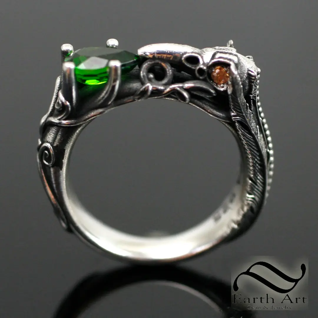 Raven And Diopside Ring In Sterling