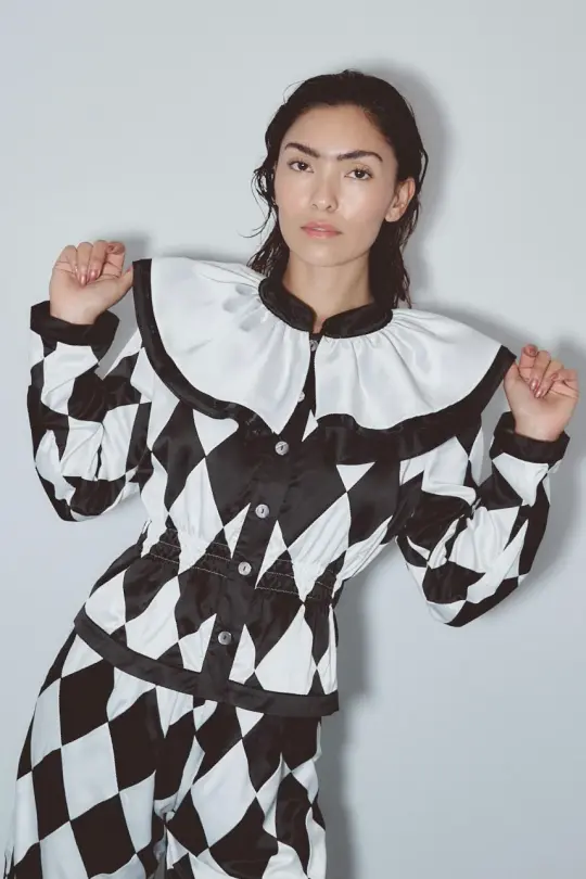 Quilted Satin Harlequin Jester Top Black