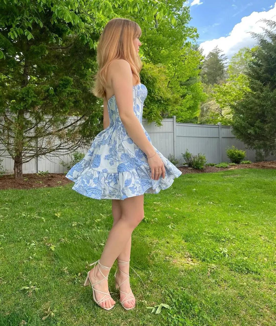 Blue printed tube top waist skirt homecoming dress R3695