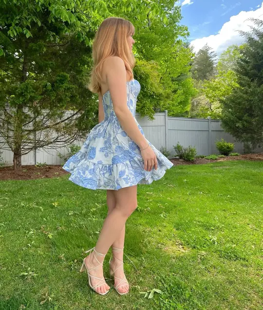 Blue printed tube top waist skirt homecoming dress R3695