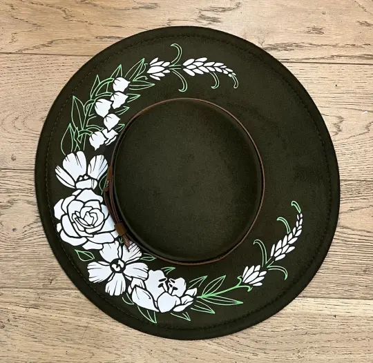 Olive Floral Crescent Moon Vegan Felt Flat Top Hat