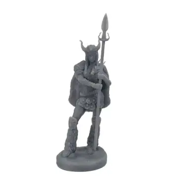 Unpainted 28mm 3D-printed resin frost giant in a horned helm and fur cloak with a grounded longspear - tabletop RPG miniature for D&D, Pathfinder & wargaming