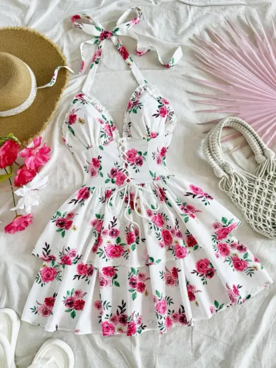 Charming White Floral Homecoming Dress ,A-Line Halter Tiered Mini Prom Dress Cami Dress RS1103