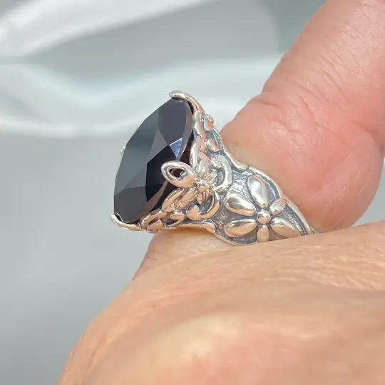 Black CZ Ring, Size 6, Marquise Gem, Art Nouveau Filigree D127 - Ready to Ship