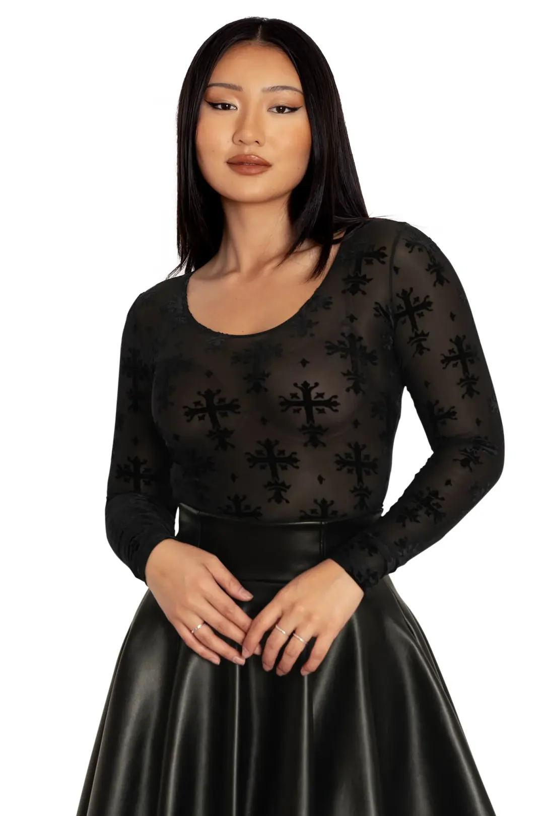 Burned Velvet Coffin Lining Black Long Sleeve Scoop Top