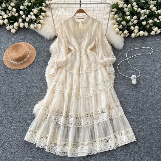French retro lace splicing lantern sleeve dress waist slimming elegant long skirt R2225