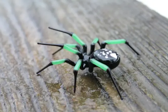 Hand Blown Glass Spider Figurine With Green Legs And Black Body