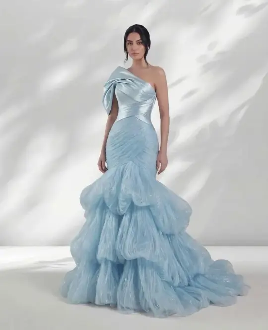Ruffled Sleeveless Silky Corset Prom Gown ,Sparkly Blue Maxi Evening Dress Party Dress RS2082