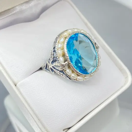 Aquamarine Ring, Size 7, Garden Leaf Sterling Silver Filigree, Victorian Jewelry #D156 - Ready to Ship