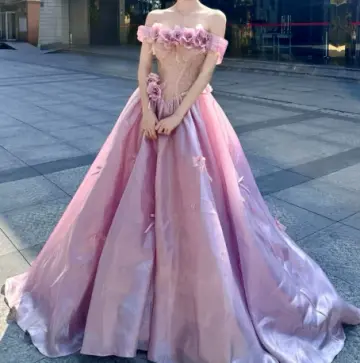French Chic Pink A-Line Off-the-shoulder Applique Corset Maxi Prom Dress Evening Dress RS644