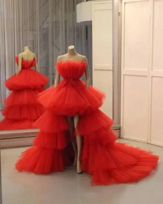 Elegant Burgundy A-Line Strapless Tulle Dress with Trail Prom Dress Evening Dress RS019