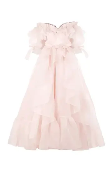 Light pink off-the-shoulder cake skirt ball gown R8562