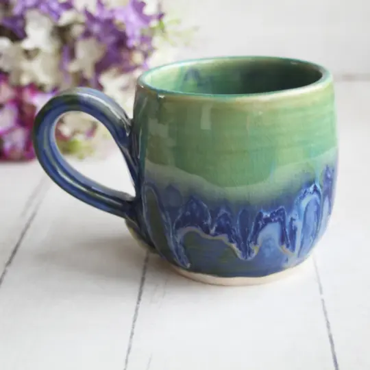 Blue and Green Pottery Mug with Dripping Glazes, 13 oz. Coffee Cup, Handmade in USA