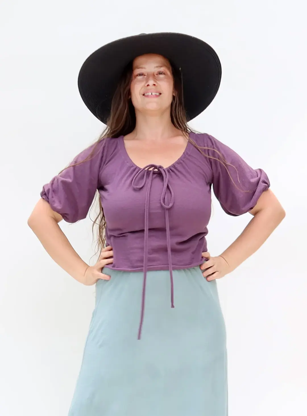 Cottage Sleeve Drawstring Collar Simplicity Cropped Shirt