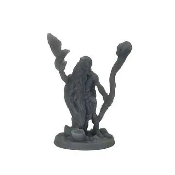 Unpainted 32mm 3D-printed long-bearded human druid with a raven perched on his raised staff — tabletop RPG miniature for D&D, Pathfinder & wargaming