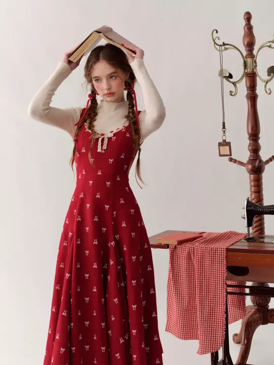 French girl playful bow red waist dress atmosphere homecoming dress R5147