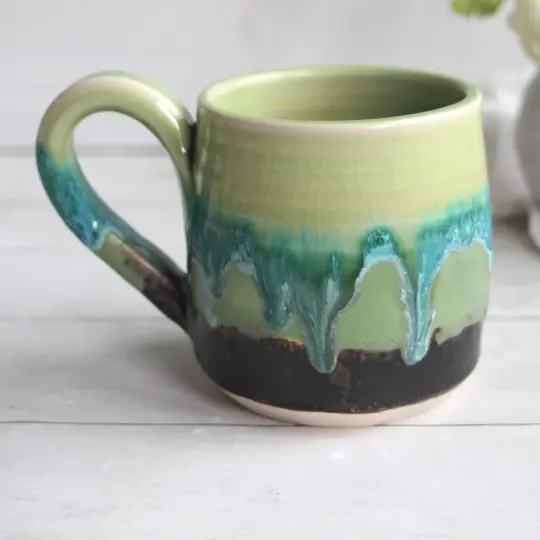 Handmade Ceramic Coffee Mug in Dripping Green Glazes, Made in USA