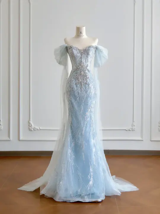 Light blue off-the-shoulder fitted waist bodycon sexy long ball gown R8195