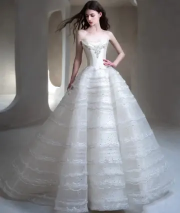 Beaded White Strapless A-Line Tulle Puffy Corset Maxi Wedding Dress RS2280