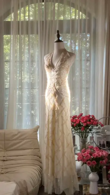 Light apricot halter neck fitted waist slim back sexy long ball gown R7764