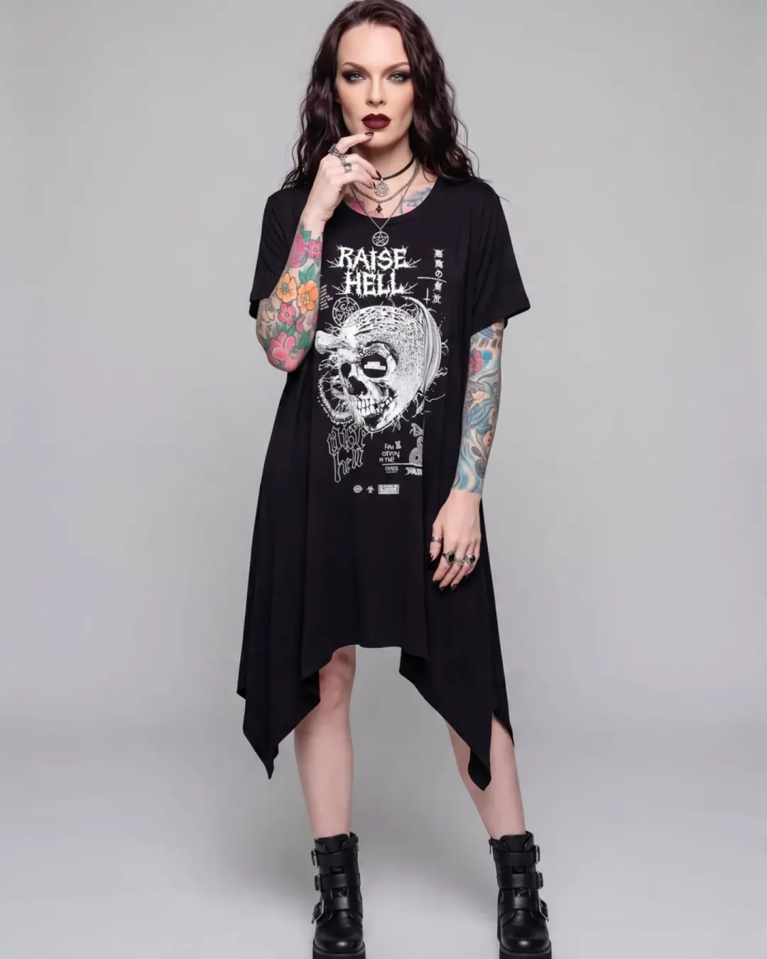 Killstar Rise Up Raise Hell Occult Skull Batwing Hanky Hem Tunic Dress L