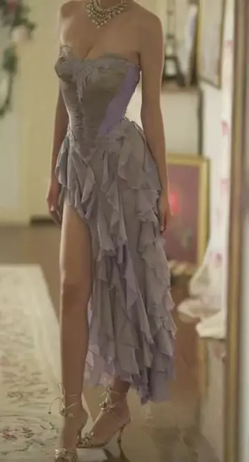 Light purple strapless fitted waist slim slit sexy ball gown R8054