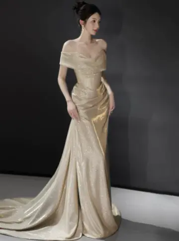 Elegant Golden Prom Dress ,A-Line Portrait Corset Maxi Glitter Evening Dress RS1009