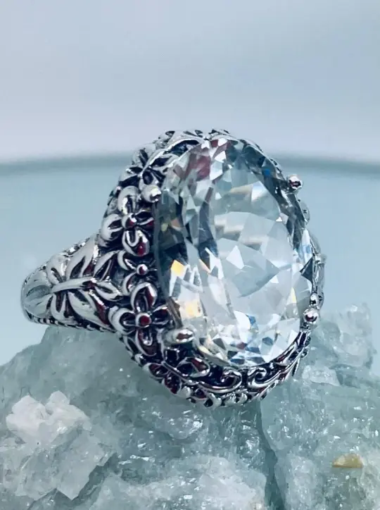 Natural White Topaz Butterfly Ring, Size 6.5, Oval Gemstone, Art Nouveau Vintage Ring, D79 - Ready to Ship