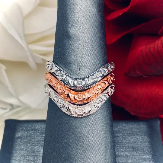 Floral High-Curved Band, Simple Center Flower, Vintage Jewelry Design#D511z