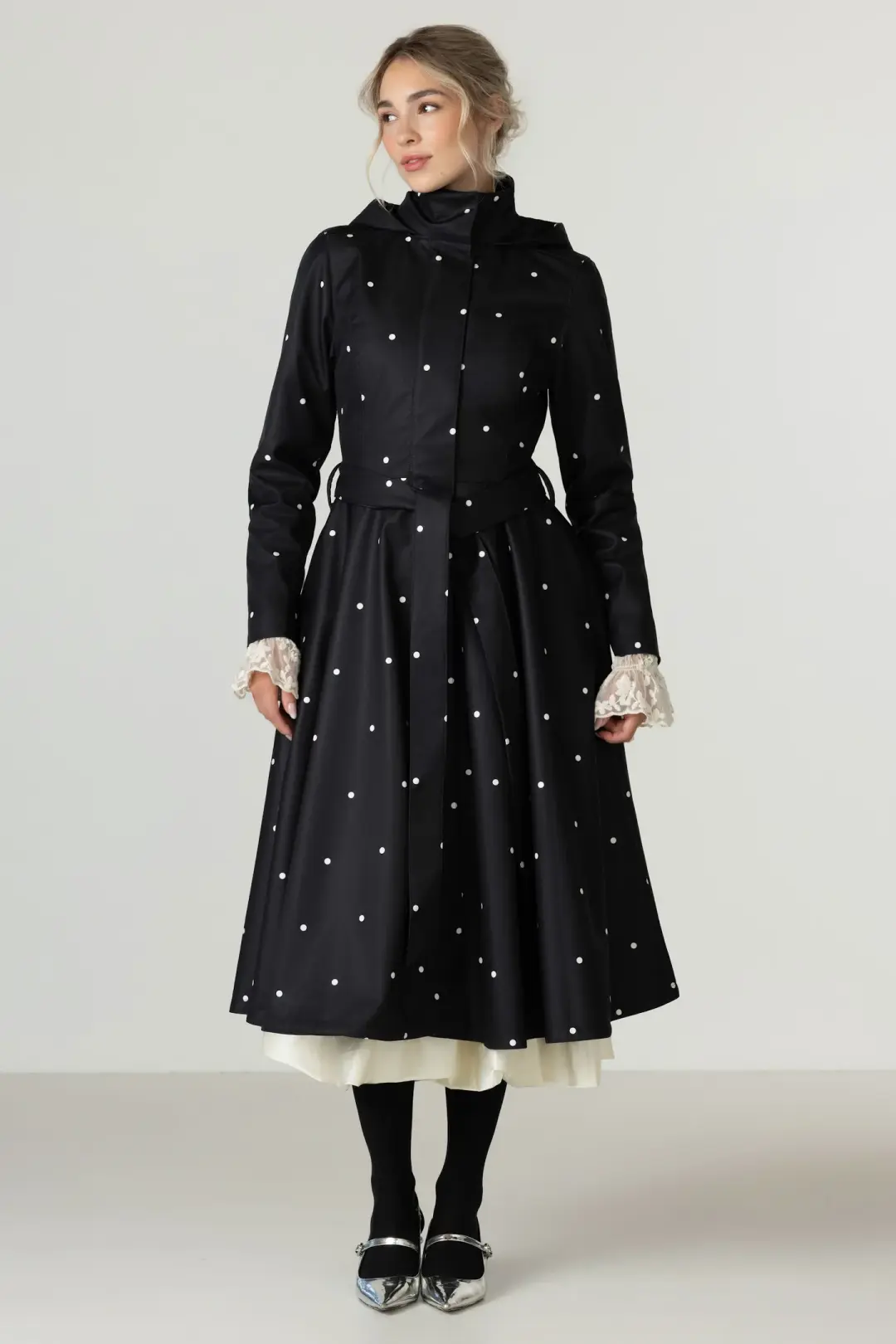 Fit and Flare Coat with A-Line Skirt in Black | Timeless Polka Dots
