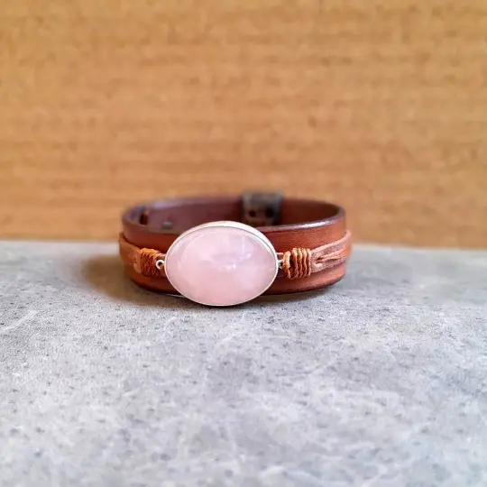 OOAK Rose Quartz Cuff | Large Leather & Silver