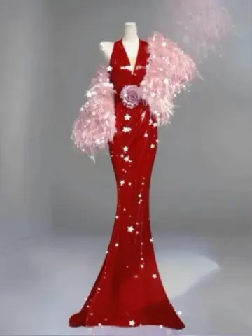 Red halter-neck, fitted waist, bodycon fishtail long ball gown R6480