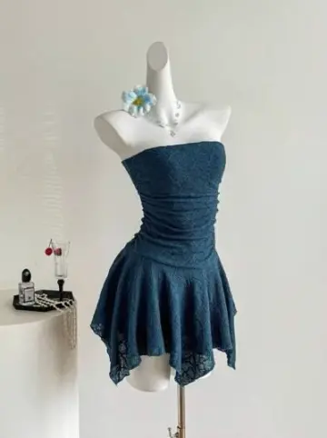 Minimalist Navy Homecoming Dress ,A-Line Strapless Lace Corset Short Prom Dress RS1159