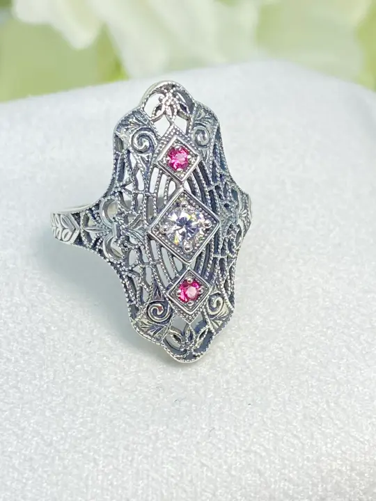 White CZ & Ruby Ring, Size 7, 1920s-30s Art Deco, Gatsby style Jewelry D593 - Ready to Ship