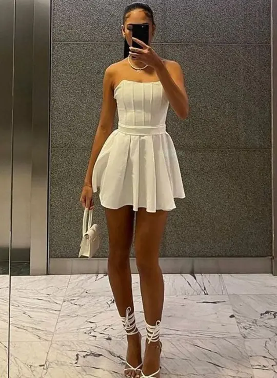 Minimalist White A-Line Strapless Bodycon Mini Summer Dress Homecoming Dress RS302