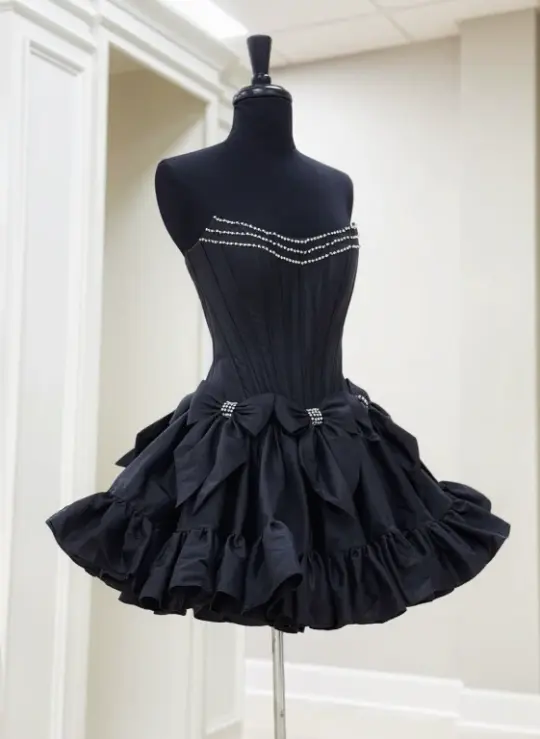 Charming Black Beaded Homecoming Dress ,A-Line Strapless Bow Corset Short Prom Dress RS818