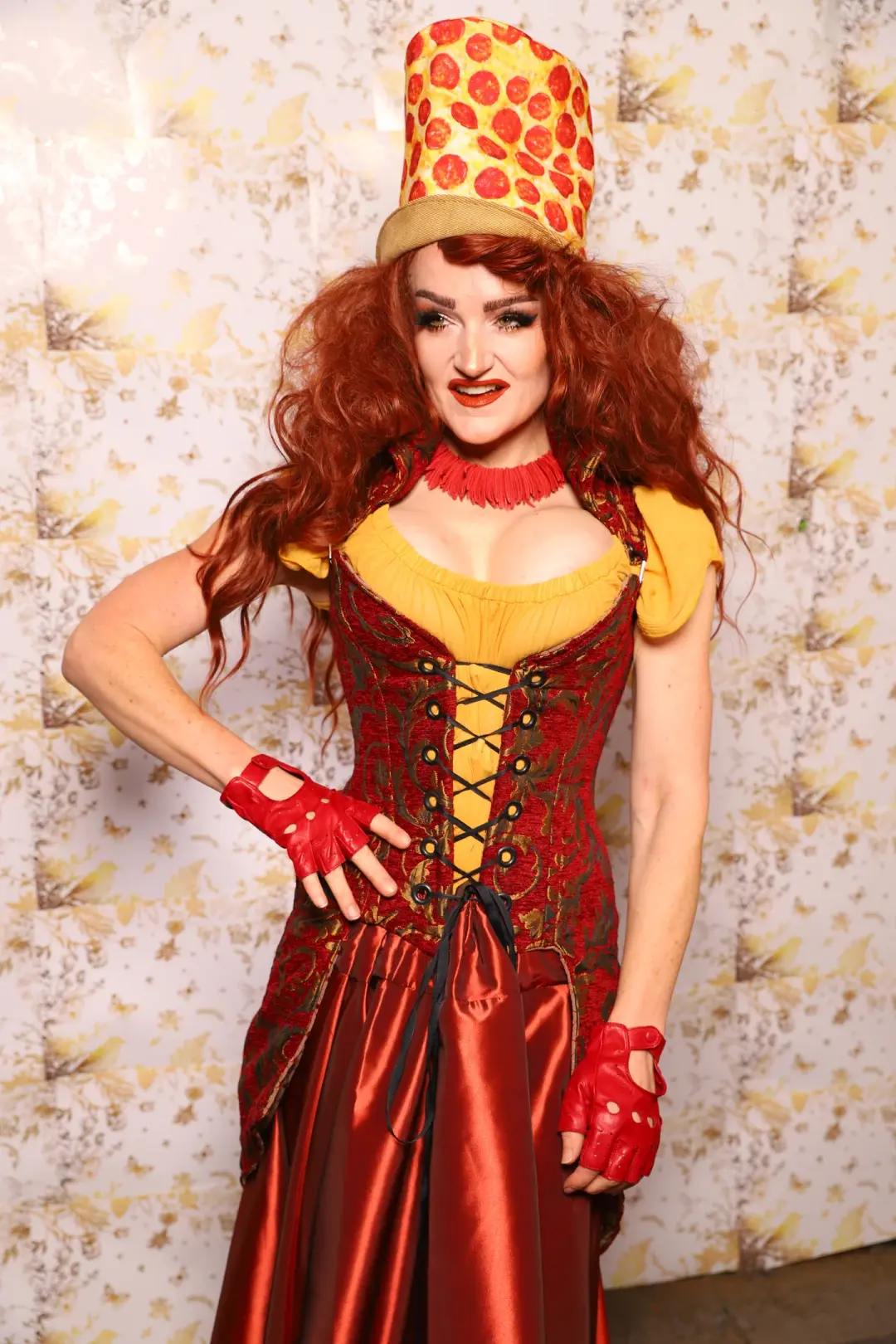 24. PETITE Overbust Tailed Corset in Red & Gold Vine - The Marinara Maidens Collection