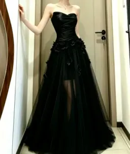 Elegant Black Prom Gown , Pretty Tulle Applique Maxi Evening Dress RS1344
