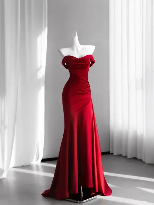 Red off-the-shoulder fitted long ball gown/bridal dress R8857