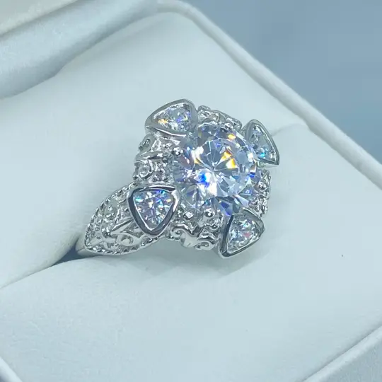 White CZ Ring, Size 7, Five-Gem Art Deco Jewelry #D138 - Ready to Ship