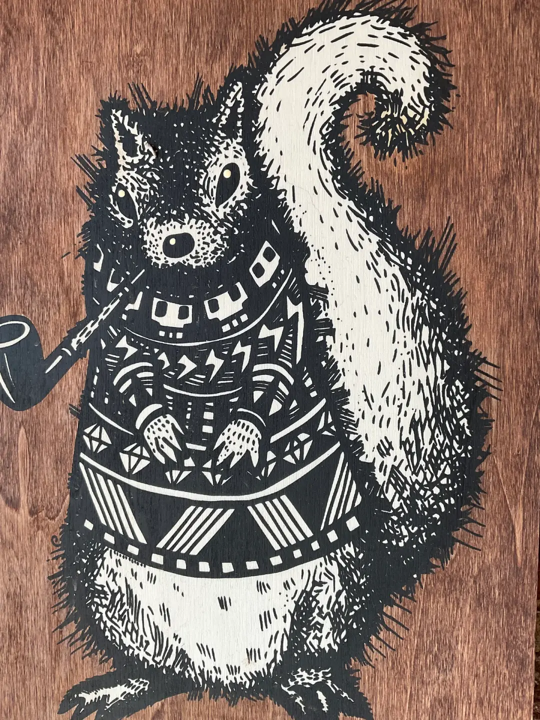 Pretentious Squirrel on Stained Pine Panel