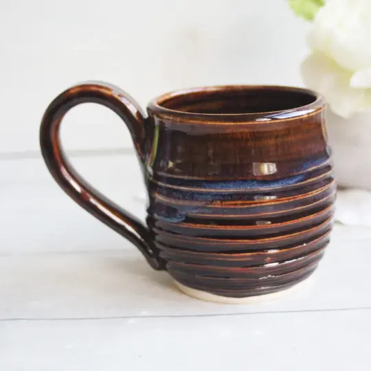 Deep Amber Brown Pottery Mug, 16 Ounce, Made in USA