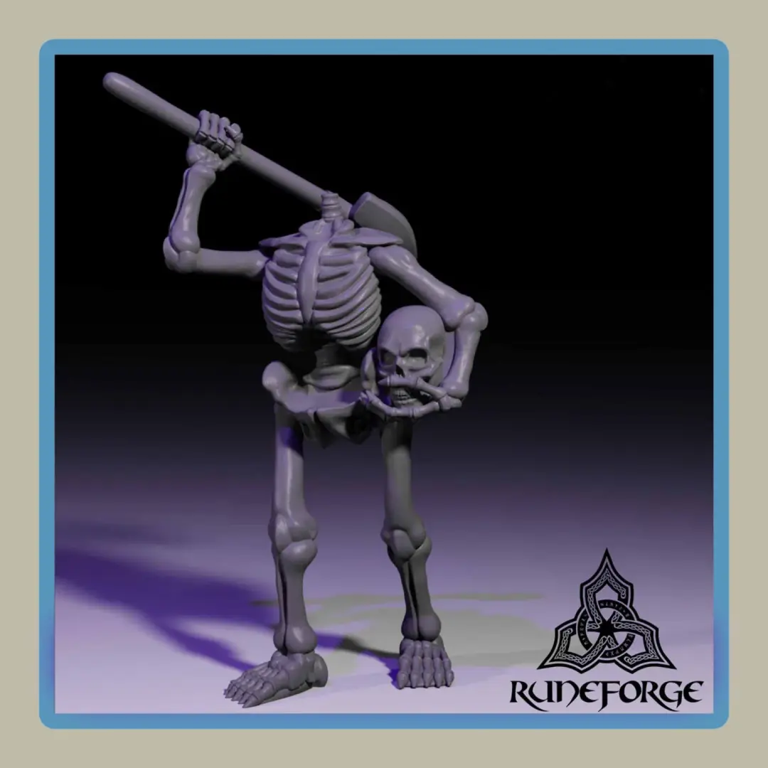 render of 28mm miniature undead unarmored skeleton holding head