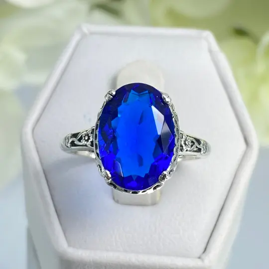 Sapphire Ring, Size 7.5, Sterling Silver Edwardian Jewelry #D70 - Ready to Ship