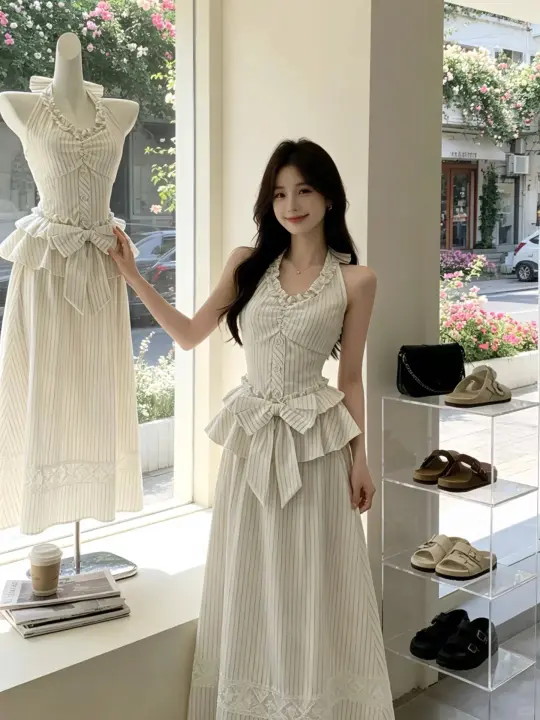 Elegant White Striped Halter Neck Dress with Ruffle V-Neck and A-Line Skirt R9129