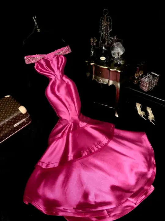 Rose pink off-shoulder fitted waist bodycon mermaid long ball gown R6990