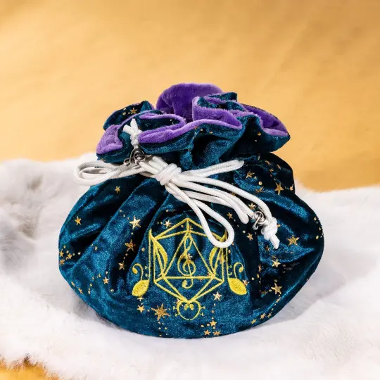 Bard Dice Bag: Teal Blue Velvet & Golden Stars, Embroidered D20, Multi-Pocket TTRPG Storage