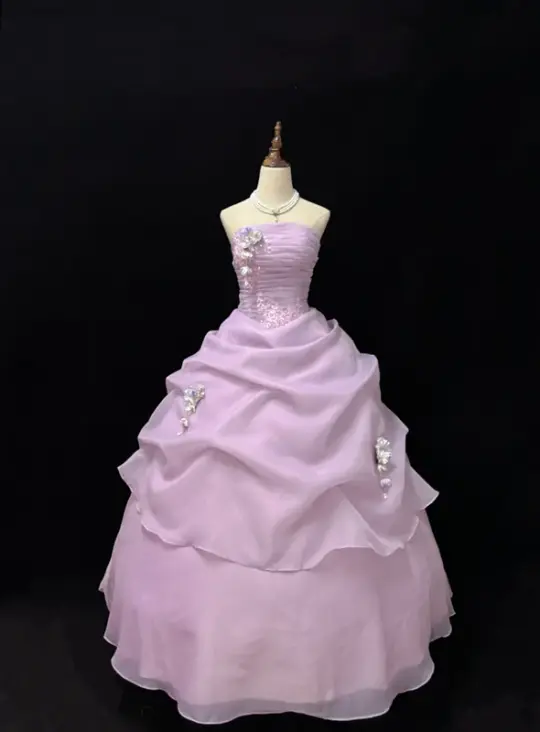 Light purple strapless, fitted waist, full skirt, long ball gown R9061